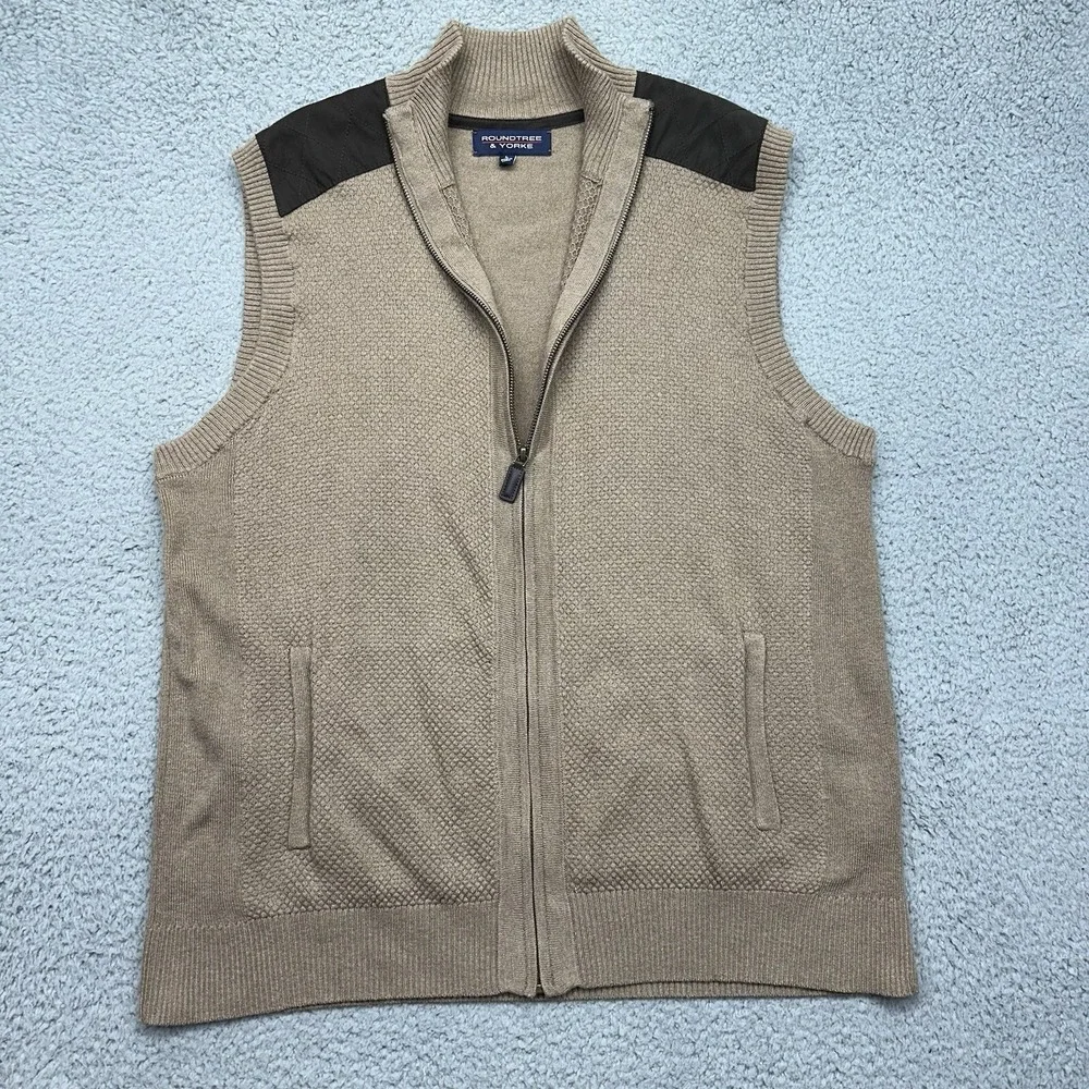 Roundtree & Yorke Mens Large Full Zip Sweater Vest Brown Knit Faux Leather Patch